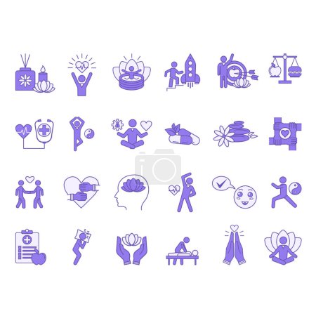 Conjunto de iconos de la salud de color. Salud Mental. Iconos vectoriales de relajación, yoga, aromaterapia, masaje, dieta equilibrada, spa, medicina herbal, espiritualidad, manejo del estrés y otros