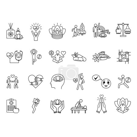 Illustration for Set of Wellness Icons. Mental Health. Vector Icons of Relaxation, Yoga, Aromatherapy, Massage, Balanced Diet, Spa, Herbal Medicine, Spirituality, Stress Management and Other - Royalty Free Image