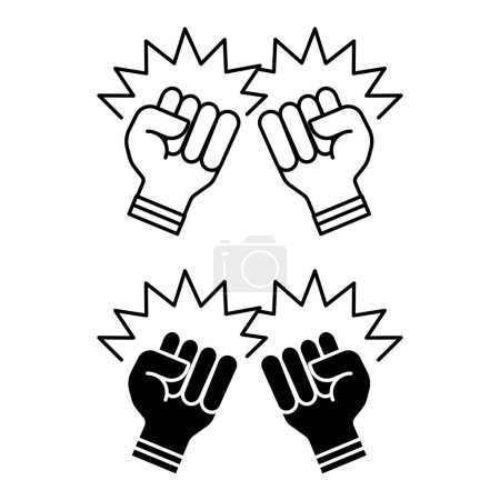 Kampfspiel-Ikonen. Schwarz-weiße Vektorsymbole. Die Hände zu Fäusten zusammengepresst und kampfbereit. Kampfsport, Boxen. Spielkonzept