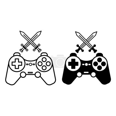 Illustration for Arcade Game Icons. Black and White Vector Icons of Console and Crossed Swords. Computer Games Concept - Royalty Free Image