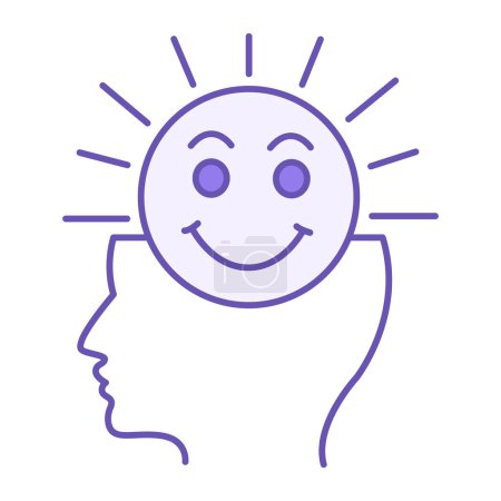 Farbige Ikone des positiven Denkens. Vektor-Ikone des menschlichen Kopfes und der lächelnden Sonne. Positive Gedanken, Frieden und mentales Gleichgewicht. Psychologie