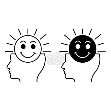 Positiv denkende Ikonen. Schwarz-weiße Vektorsymbole. Menschenkopf und lachende Sonne. Positive Gedanken, Frieden und mentales Gleichgewicht. Psychologie
