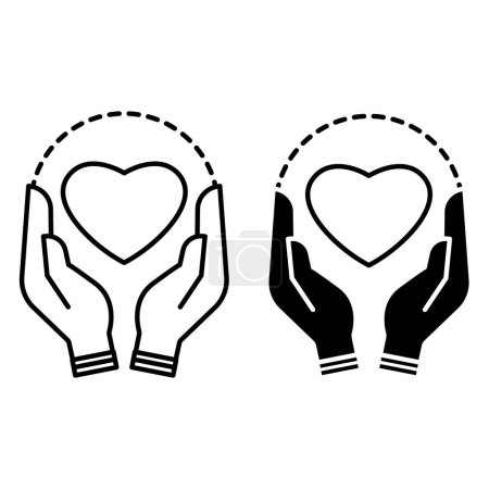 Illustration for Self Care Routine Icons. Black and White Vector Icons of Heart in Human Hands. Spa Treatments, Body Care, Healthy Eating, Mental Health. Positive Thinking Concept - Royalty Free Image