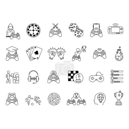 Games Icons Set vorhanden. Vector Icons of Arcade Game, Mobile Game, Kartenspiel, Würfel, Kampf, Casino, Schach, Konsole, Kopfhörer, Ballspiel, Game Over und andere