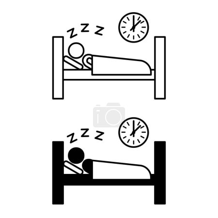 Getting Enough Sleep icons. Black and White Vector Icons. Man Sleeping Soundly in Bed. Healthy sleep. Healthy lifestyle. Positive Thinking Concept