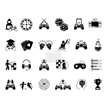 Black Game Icons Set. Vector Icons of Arcade Game, Mobile Game, Card Game, Dice, Fighting, Casino, Chess, Console, Headphones, Ball Game, Game Over, and Others