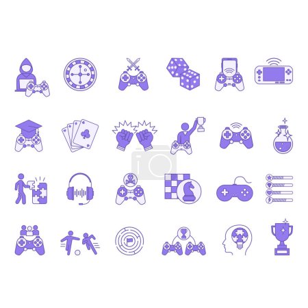 Farbiges Set von Spiele-Symbolen. Vector Icons of Arcade Game, Mobile Game, Kartenspiel, Würfel, Kampf, Casino, Schach, Konsole, Kopfhörer, Ballspiel, Game Over und andere