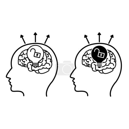 Illustration for Open mindedness icons. Black and White Vector Icon of Man with Open Lock. Objectivity of Judgment, Openness, Fairness. Positive Thinking Concept - Royalty Free Image