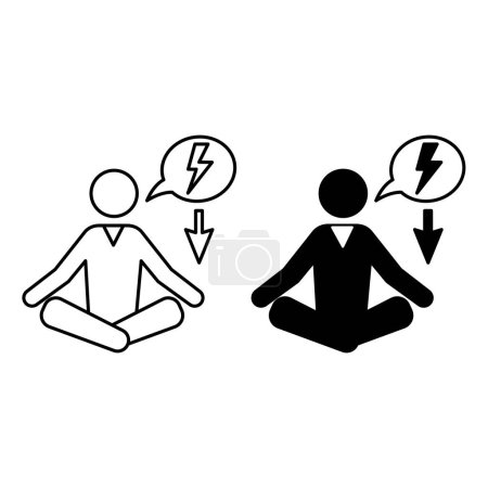 Illustration for Reduce Stress Icons. Black and White Vector Icons of Meditating Man and Down Arrow. Learn to Relax. Calm down. Avoid Stressful Situations. Mental Health. Positive Thinking Concept - Royalty Free Image