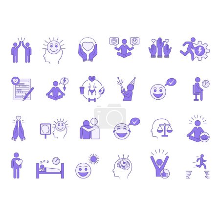 Farbiges Set positiv denkender Symbole. Vektor-Ikonen eines gesunden Lebensstils, Geduld, Dankbarkeit, Ruhe, Tapferkeit, positive Einstellung, Optimismus, Freiwilligkeit, Sympathie und andere
