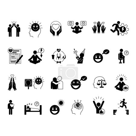 Schwarze Symbole des positiven Denkens. Vektor-Ikonen eines gesunden Lebensstils, Geduld, Dankbarkeit, Ruhe, Tapferkeit, positive Einstellung, Optimismus, Freiwilligkeit, Sympathie und andere