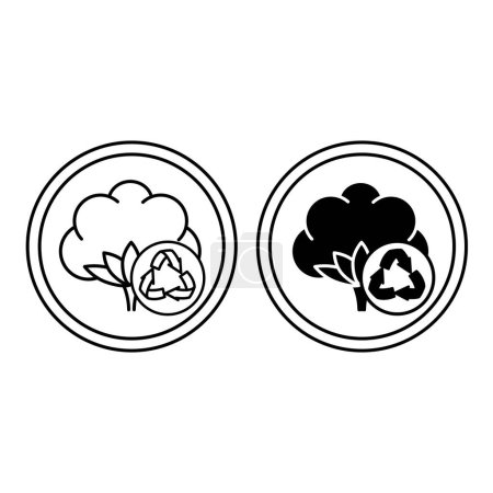 Recycelte Baumwollsymbole. Schwarz-weiße Vektorsymbole. Umweltfreundliches und natürlich hochwertiges Material. Tag, Etikett für Kleidung