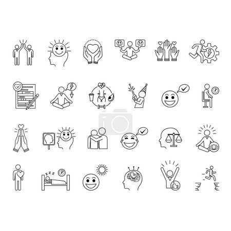 Positive Thinking Icons Set. Vector Icons of Healthy Lifestyle, Patience, Gratitude, Calm, Bravery, Positive Attitude, Optimism, Volunteer, Sympathy and Other