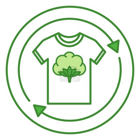 Illustration for Green Recycled Cotton Icon. Vector Icon of T-shirt with Cotton Flower. Recycling Clothes. Circular Reuse Textile. Tag, Label For Clothes - Royalty Free Image