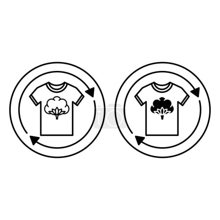 Iconos de algodón reciclado. Camiseta Vector Blanco y Negro Iconos con Flor de Algodón. Reciclaje de ropa. Reutilización circular Textil. Etiqueta, Etiqueta para ropa