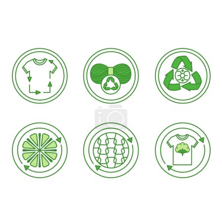 Green Icons of Recycled Textile Fibers. Vector Labels, Tags for Packaging. Recycled Textiles, Wool, Polyester, Microfiber, Nylon and Cotton. Fabric Concept