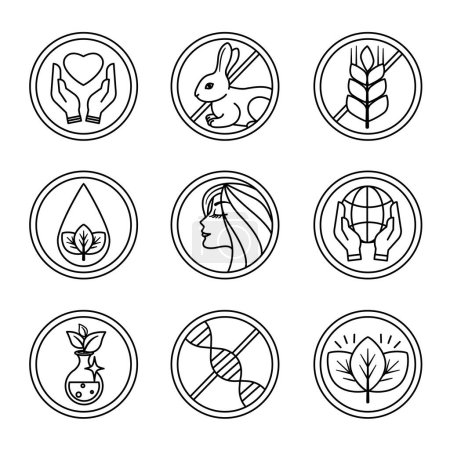 Icons for Natural and Organic Cosmetics. Cruelty Free, Not Tested On Animals, Gluten Free, Paraben Free, For All Skin Types, Sustainable Development, Non Toxic, Non GMO, Organic Product. Vector Labels, Packaging Tags