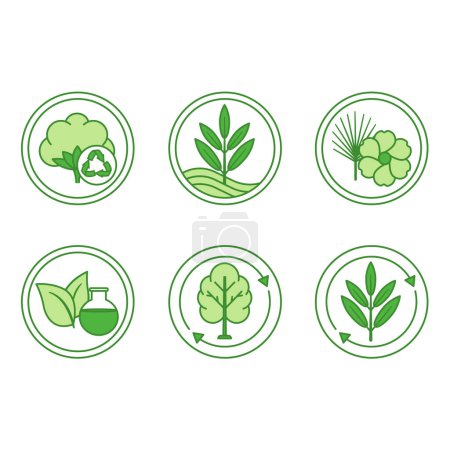 Green Icons of Textile Fibers on a Natural Basis. Vector Labels, Tags for Packaging. Recycled Cotton, Modal Fabric, Rayon, Cupro, Viscose, Lyocell. Natural Fabric Concept