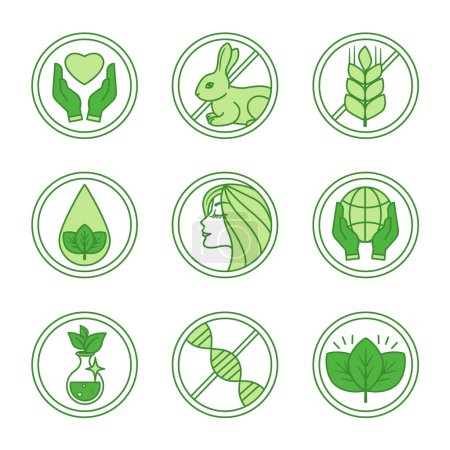 Iconos Verdes para Cosméticos Naturales y Orgánicos. Sin Crueldad, No Probado en Animales, Sin Gluten, Sin Parabenos, Para Todos los Tipos de Piel, Desarrollo Sostenible, No Tóxico, No OGM, Producto Orgánico. Etiquetas de vectores, Etiquetas de embalaje