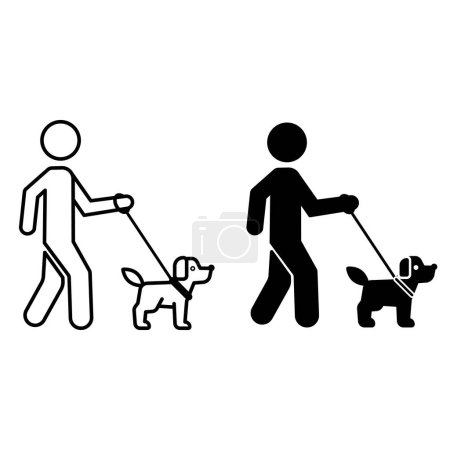 Freizeit-Ikonen. Schwarz-weiße Vektorsymbole. Ein Mann führt einen Hund an der Leine aus. Hauswirtschaftliche Aufgaben. Lifestyle-Konzept
