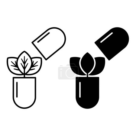 Illustration for Organic Medicine icons. Black and White Vector Icons. Herbal Medicine, Natural Organic Supplements, Dietary Supplement. Healthy Lifestyle Concept - Royalty Free Image