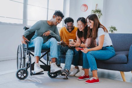 Photo for Happy teenagers posting picture on social media. Youth lifestyle, healthcare and institutions for the disabled concept - Royalty Free Image