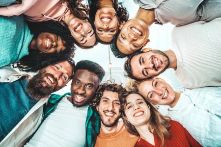 Photo for Millenial diverse people taking selfie photo. Life style concept with guys and girls hugging together - Royalty Free Image