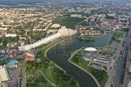 Photo for This panoramic drone shot reveals Minsk's sprawling cityscape divided by serpentine rivers, a testament to the city's harmony with nature and modernity. - Royalty Free Image