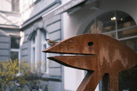 Foto de This engaging photograph showcases a sparrow resting on an abstract metal sculpture, set against the backdrop of a German city's streetscape. - Imagen libre de derechos