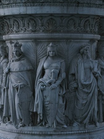 Photo for Intricately sculpted figures on the Monument to Vittorio Emanuele II in Rome depict allegorical representations of Italy's diverse history and virtues. These stone guardians, etched with exquisite detail, stand as timeless witnesses to the nation's p - Royalty Free Image
