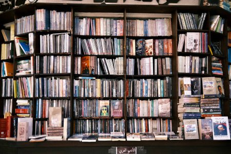 Photo for Step into a literary haven with this image of overflowing bookshelves in a cozy Jordanian bookstore. The rich collection of books, ranging from contemporary literature to historical texts, reflects the intellectual spirit and cultural depth of Jordan - Royalty Free Image