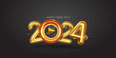 Illustration for Happy new year 2024 start resolution theme concept with play button arrow. Golden 3d 2024 number on black background. - Royalty Free Image
