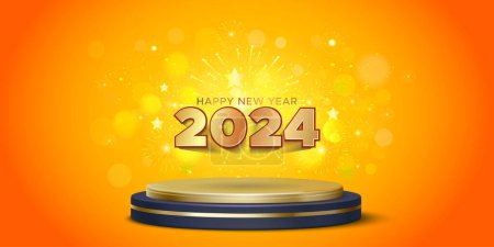 Ilustración de Feliz año nuevo 2024 podio de oro con fuegos artificiales, luz y brillo Diseño de fondo. - Imagen libre de derechos