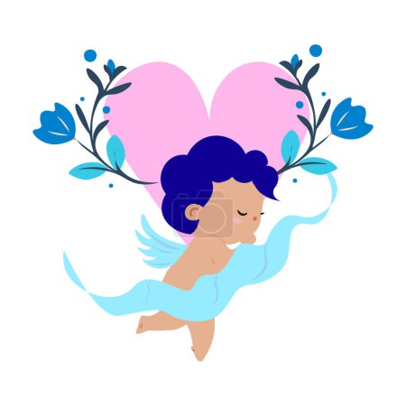Photo for Cute Cupid with heart and floral wreath. Vector illustration. - Royalty Free Image