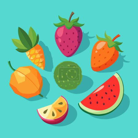 Photo for Fruit icons set in flat style. Strawberry, pineapple, kiwi, watermelon - Royalty Free Image