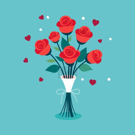 Photo for Bouquet of red roses with hearts on blue background. Vector illustration. - Royalty Free Image