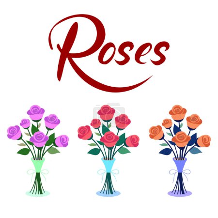Photo for Set of red roses in vases. Vector illustration with text - Royalty Free Image
