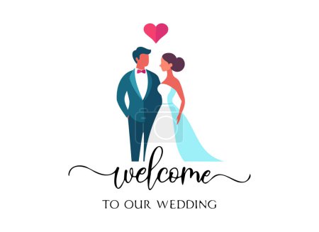Photo for Elegant Wedding Welcome Sign with Bride and Groom Illustration - Royalty Free Image