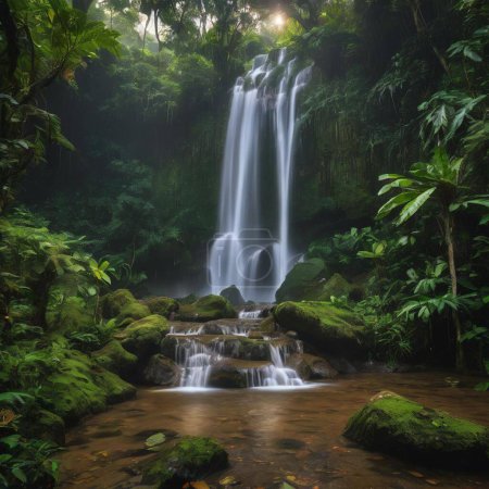 A breathtaking waterfall cascading through lush greenery in the heart of the jungle. Nature's beauty at its finest