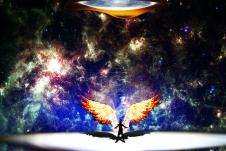Angel and the Universe.The center of attention is a man with wings, behind whom the Universe is visible.