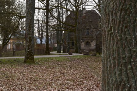 Entdecken Sie den historischen Charme des Krimulda Manor Park mit seinen üppigen Bäumen, verwinkelten Wegen, alten Gutshäusern und markanten Felsbrocken, die ein reiches historisches Ambiente verkörpern
