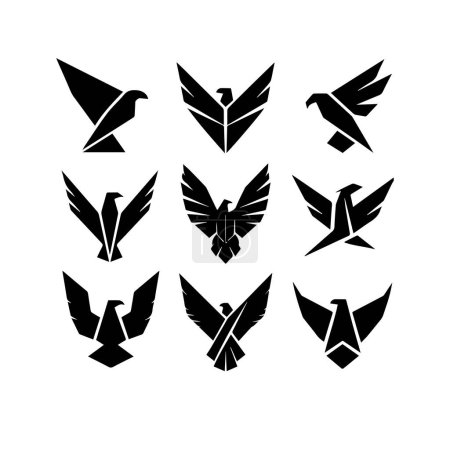Black Silhouette solid vector set of icons like, eagle, bird, falcon, hawk, kite falcon, eagle emblem and so on 