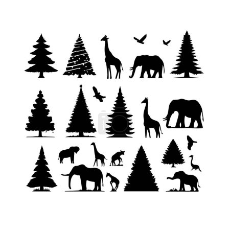 Silhouette Solid Vector Icon Set von Weihnachtsbaum, Yule Baum, Tanne, Tannenbaum, Evergreen, Nadelbaum, Kiefer, Weihnachtsbaum, Festbaum, geschmückter Baum, Saisonbaum