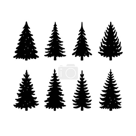Silhouette Solid Vector Icon Set Of Christmas Tree, Yule tree, Fir tree, Tannenbaum, Evergreen, Conifer, Pine tree, Holiday tree, Festive tree, Decorated tree, Seasonal tree