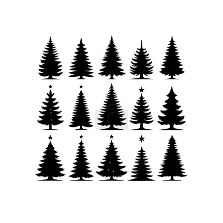 Silhouette Solid Vector Icon Set Of Christmas Tree, Yule tree, Fir tree, Tannenbaum, Evergreen, Conifer, Pine tree, Holiday tree, Festive tree, Decorated tree, Seasonal tree