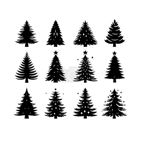 Illustration for Silhouette Solid Vector Icon Set Of Christmas Tree, Yule, Fir, Tannenbaum, Evergreen, Conifer, Pine, Holiday, Festive, Decorated, Seasonal tree. - Royalty Free Image