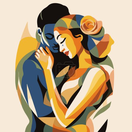 Illustration for The illustration depicts a young couple embracing in love, expressed through an abstract style with geometric shapes. Lines and colors intertwine, creating a magical dance of intimacy and harmony. - Royalty Free Image