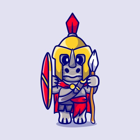 Illustration for Cute rhino gladiator spartan with shield and spear - Royalty Free Image
