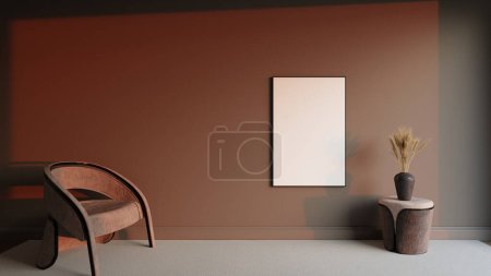 Foto de Cartel marco maqueta con pared marrón y moderno sillón y mesa en la representación 3d - Imagen libre de derechos