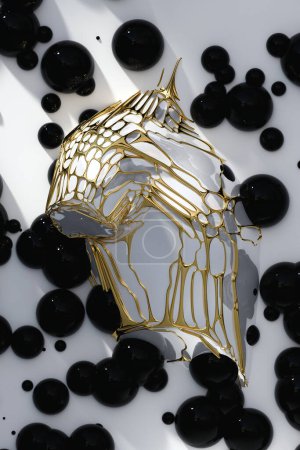 Modern sculpture with golden wireframe